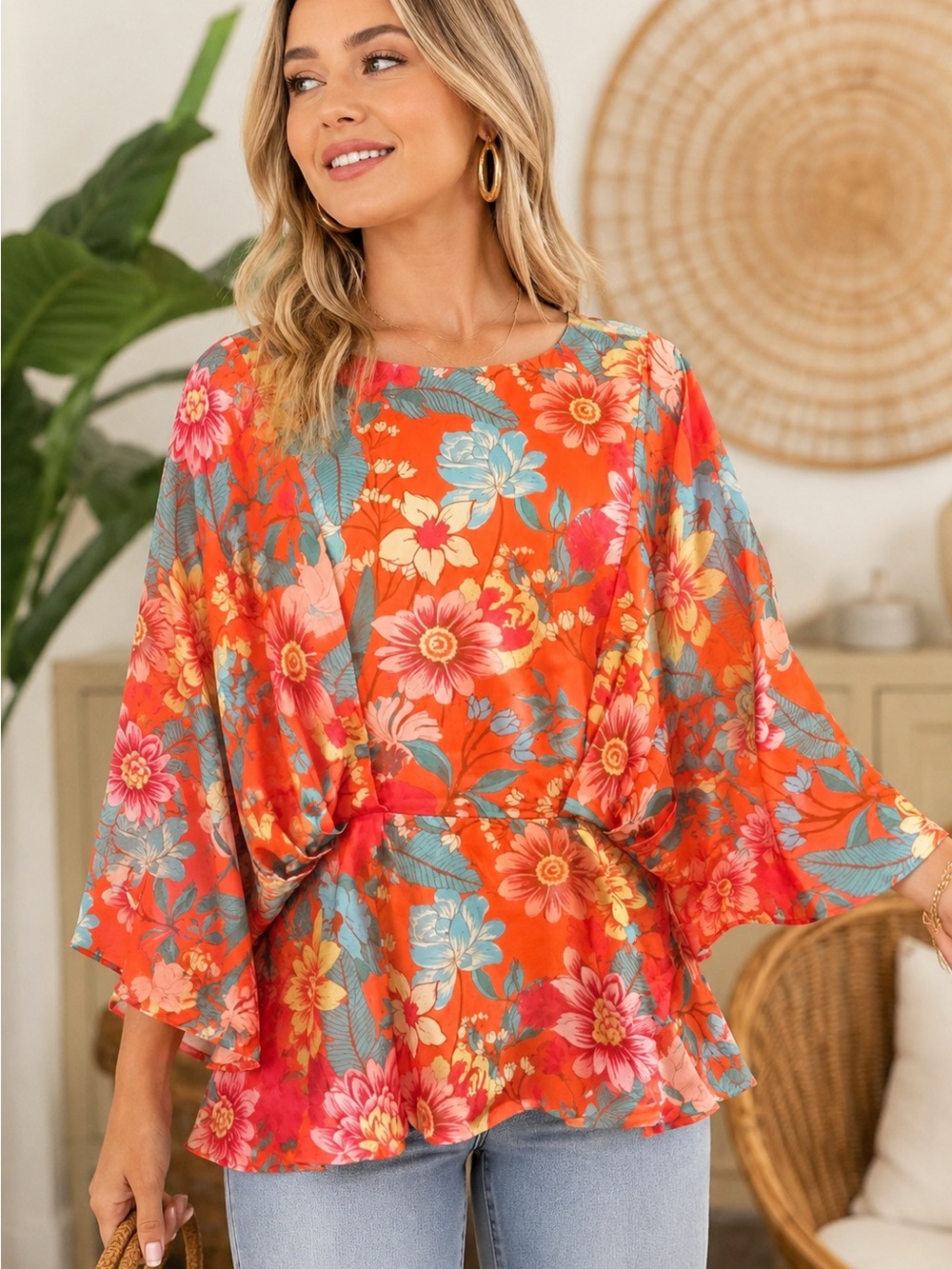 Umgee Tangerine Mix Floral Kimono Sleeve Peplum Top, Size L, NWT